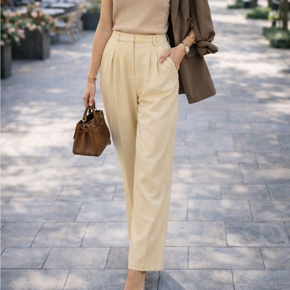 Tory Burch Cream Wide Leg Pleated Pants